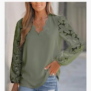 Elegant Olive Green Lace Sleeve Women's Top